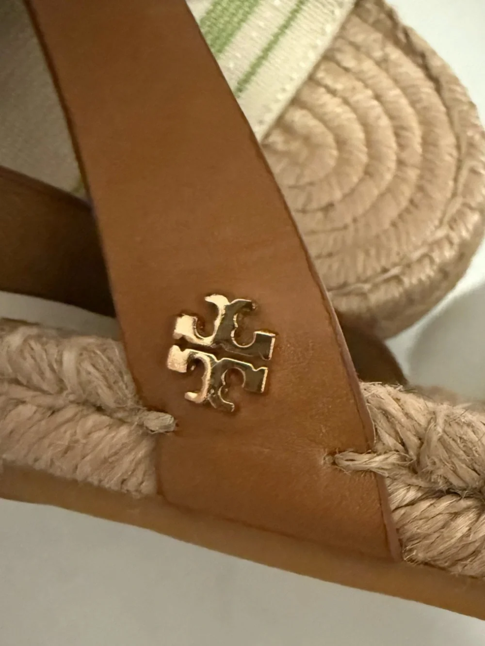 TORY BURCH Elastic Awning Stripe Espadrille Sandal Green Ivory Brown Size 6.5